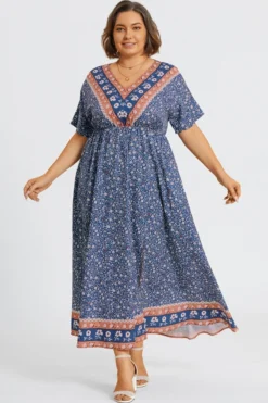 Floral Print V-Neck Half Sleeve Pocket Split Maxi Dress -Sandy Bikinis Shop c sd001006 3