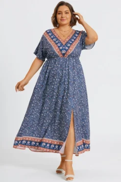 Floral Print V-Neck Half Sleeve Pocket Split Maxi Dress -Sandy Bikinis Shop c sd001006 4