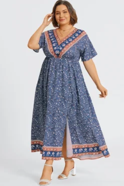 Floral Print V-Neck Half Sleeve Pocket Split Maxi Dress -Sandy Bikinis Shop c sd001006 5