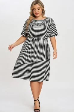 Striped Elasticized Waistband Slit Pocket Shirtdress -Sandy Bikinis Shop c sd003001 4