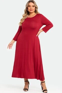 Red Comfy 3/4 Sleeve Flare A-line Midi Long Maxi Dress -Sandy Bikinis Shop c sd004001 3