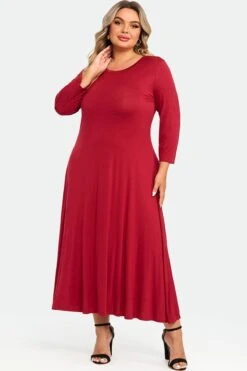 Red Comfy 3/4 Sleeve Flare A-line Midi Long Maxi Dress -Sandy Bikinis Shop c sd004001 4
