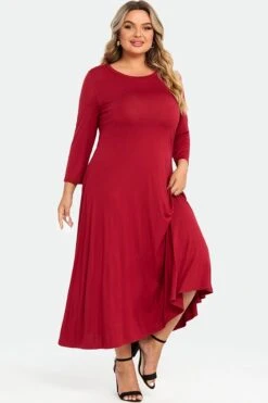 Red Comfy 3/4 Sleeve Flare A-line Midi Long Maxi Dress -Sandy Bikinis Shop c sd004001 6