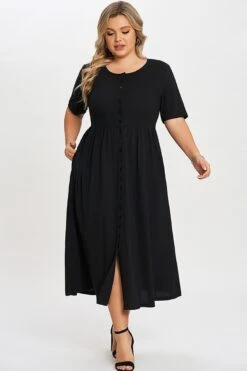 Black Button-Front Essential Side Seam Pockets Dress 9 Black Button-Front Essential Side Seam Pockets Dress -Sandy Bikinis Shop c sd006001 4