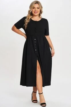 Black Button-Front Essential Side Seam Pockets Dress 11 Black Button-Front Essential Side Seam Pockets Dress -Sandy Bikinis Shop c sd006001 6