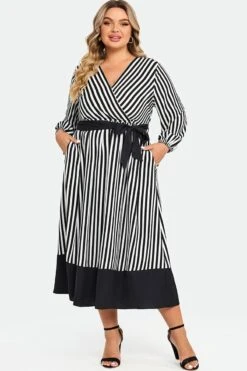 Striped Contrast Patchwork Lantern Sleeve Pocket Belted Wrap Dress