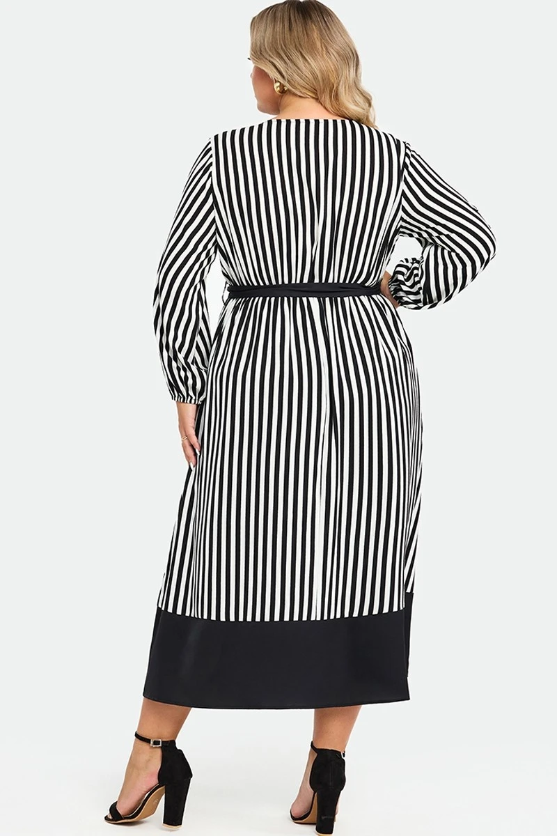 Striped Contrast Patchwork Lantern Sleeve Pocket Belted Wrap Dress 2 Striped Contrast Patchwork Lantern Sleeve Pocket Belted Wrap Dress - Image 2