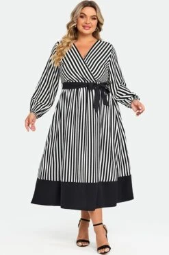 Striped Contrast Patchwork Lantern Sleeve Pocket Belted Wrap Dress 8 Striped Contrast Patchwork Lantern Sleeve Pocket Belted Wrap Dress -Sandy Bikinis Shop c sd007001 3