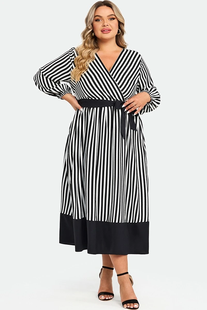 Striped Contrast Patchwork Lantern Sleeve Pocket Belted Wrap Dress 4 Striped Contrast Patchwork Lantern Sleeve Pocket Belted Wrap Dress - Image 4