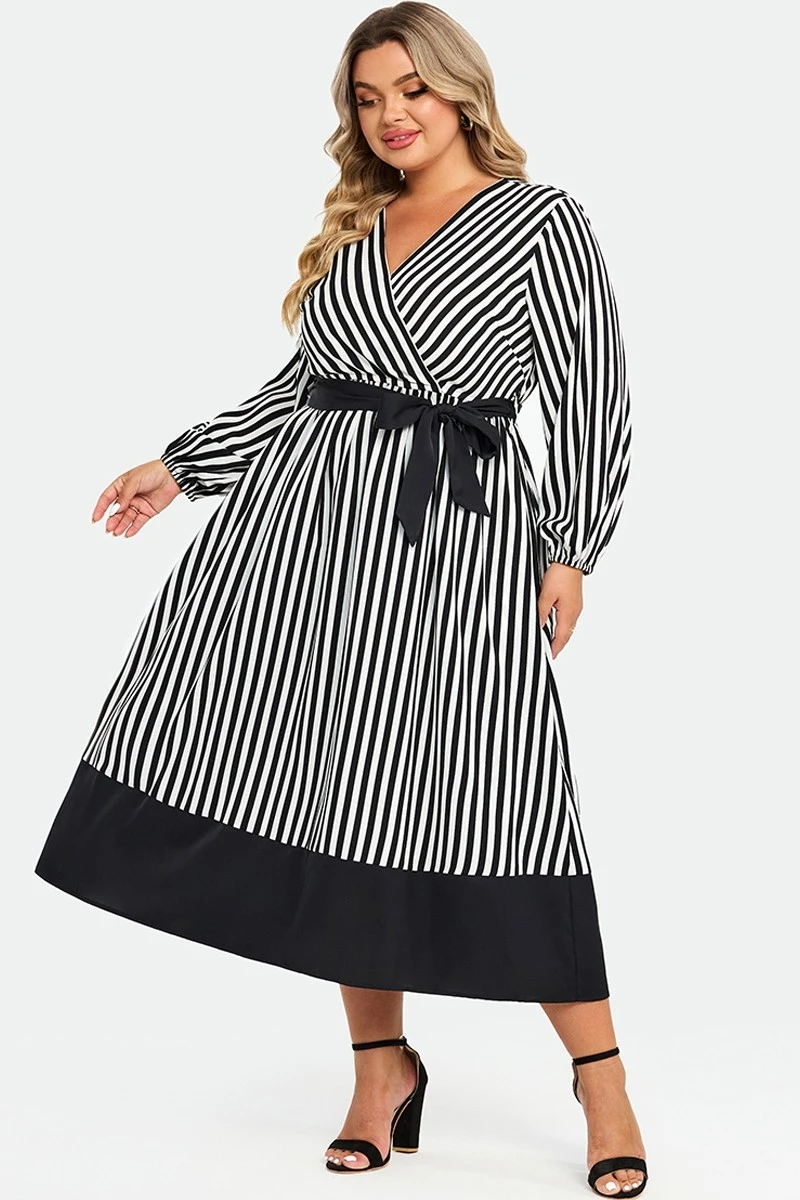 Striped Contrast Patchwork Lantern Sleeve Pocket Belted Wrap Dress 5 Striped Contrast Patchwork Lantern Sleeve Pocket Belted Wrap Dress - Image 5