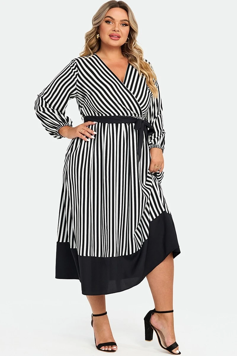 Striped Contrast Patchwork Lantern Sleeve Pocket Belted Wrap Dress 6 Striped Contrast Patchwork Lantern Sleeve Pocket Belted Wrap Dress - Image 6