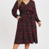 Floral Printed Wrap Pocket Lantern Sleeve Belted Dress