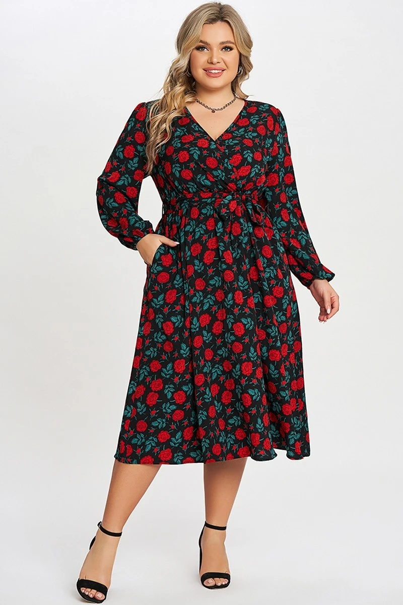Floral Printed Wrap Pocket Lantern Sleeve Belted Dress 1 Floral Printed Wrap Pocket Lantern Sleeve Belted Dress