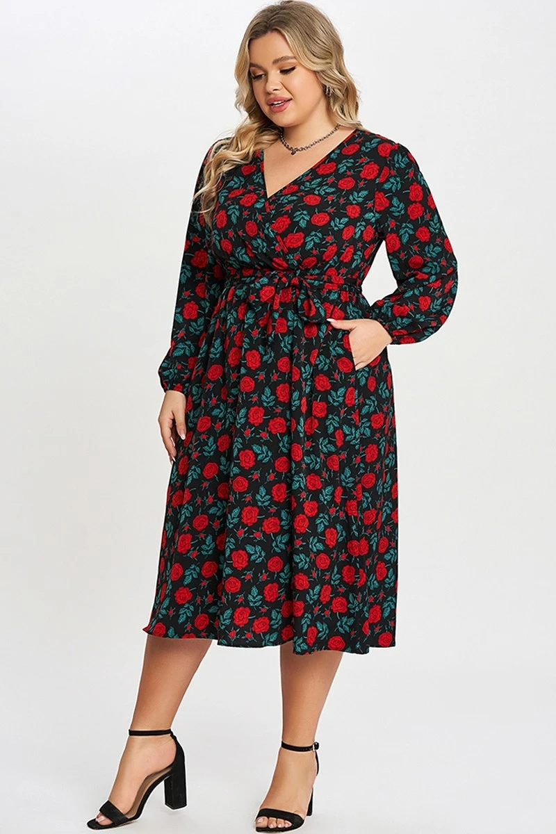 Floral Printed Wrap Pocket Lantern Sleeve Belted Dress 5 Floral Printed Wrap Pocket Lantern Sleeve Belted Dress - Image 5