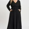 Solid Black Pocket Knotted Wrap Women Dress