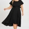 Black Crew Neck High-low Hem Pockets Midi Dress