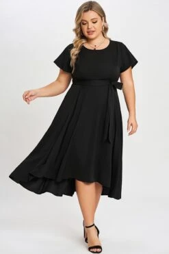 Black Crew Neck High-low Hem Pockets Midi Dress