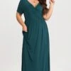 Classic V-neck And Short Sleeves Wrap Maxi Dress