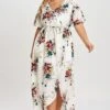 Flower Print V Neck Short Sleeves Maxi Dress