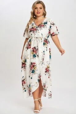 Flower Print V Neck Short Sleeves Maxi Dress