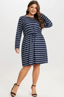 Blue & White Stripe Adjustable Drawstring Women Dress