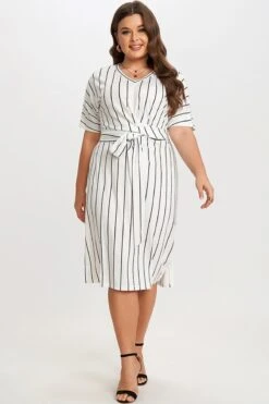 Black & White Stripe V Neck Wrap Around Dress
