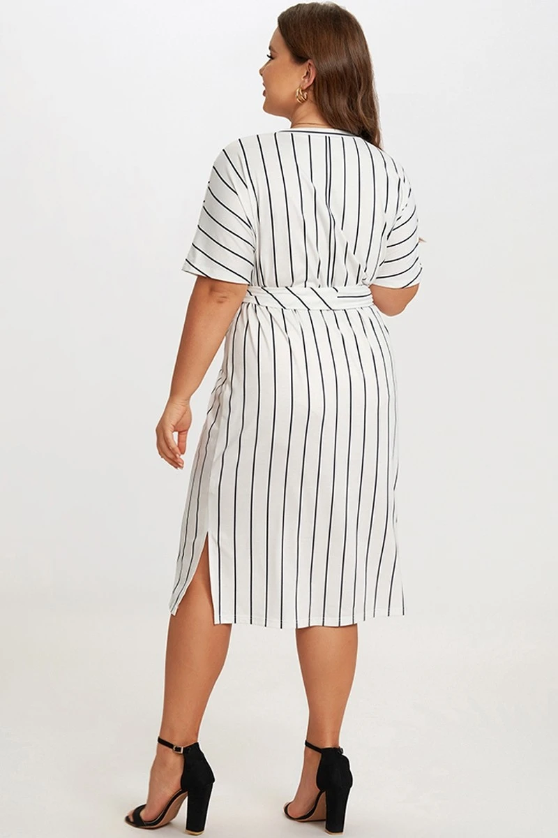 Black & White Stripe V Neck Wrap Around Dress 2 Black & White Stripe V Neck Wrap Around Dress - Image 2