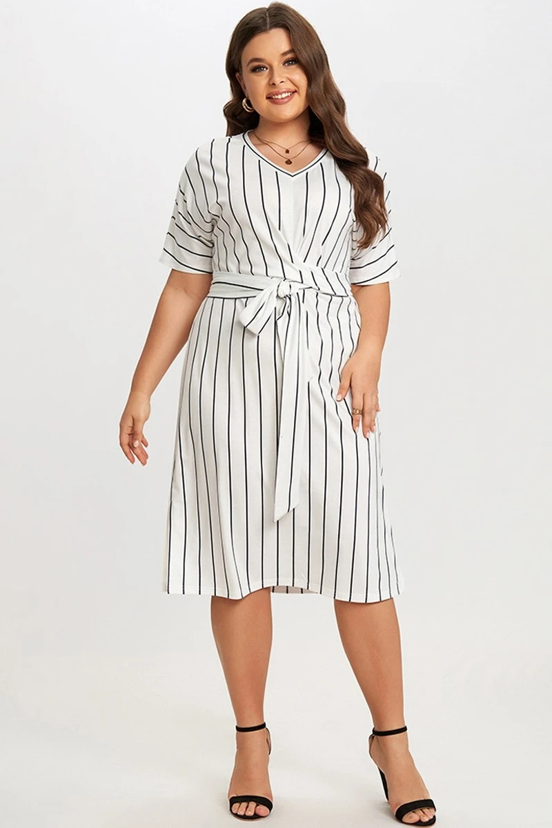 Black & White Stripe V Neck Wrap Around Dress 4 Black & White Stripe V Neck Wrap Around Dress - Image 4