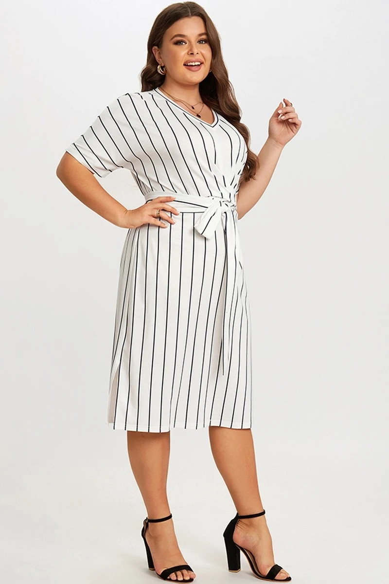 Black & White Stripe V Neck Wrap Around Dress 6 Black & White Stripe V Neck Wrap Around Dress - Image 6