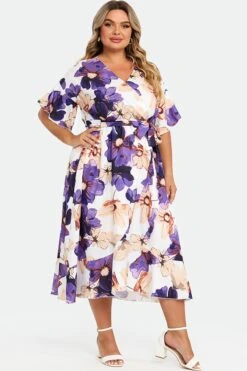 Elegant Multi Color Flower Print V Neck Flared Sleeve Dress -Sandy Bikinis Shop c sd020001 6 1