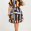 Print Color Block Dolman Sleeve Belted Plus Size Midi Dress