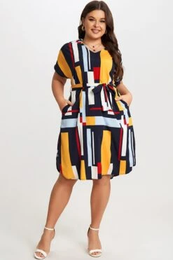 Print Color Block Dolman Sleeve Belted Plus Size Midi Dress -Sandy Bikinis Shop c sd021001 3