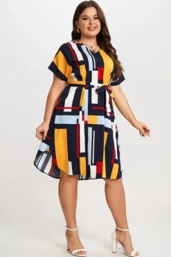 Print Color Block Dolman Sleeve Belted Plus Size Midi Dress -Sandy Bikinis Shop c sd021001 5