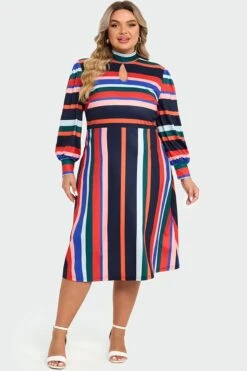 Rainbow Stripe A-Line Puff Sleeves Front Keyhole Women Dress -Sandy Bikinis Shop c sd022001 3