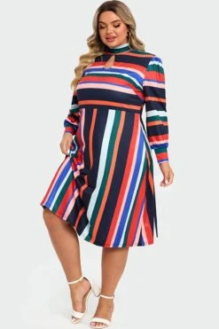Rainbow Stripe A-Line Puff Sleeves Front Keyhole Women Dress -Sandy Bikinis Shop c sd022001 4