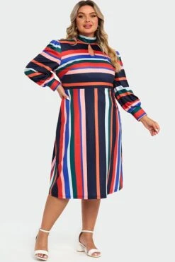 Rainbow Stripe A-Line Puff Sleeves Front Keyhole Women Dress -Sandy Bikinis Shop c sd022001 5