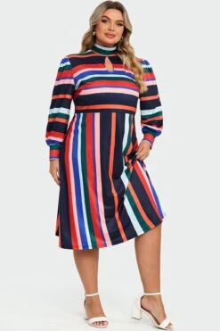 Rainbow Stripe A-Line Puff Sleeves Front Keyhole Women Dress -Sandy Bikinis Shop c sd022001 6