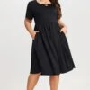 Black Short Sleeve Plus Size Pockets Midi Dress