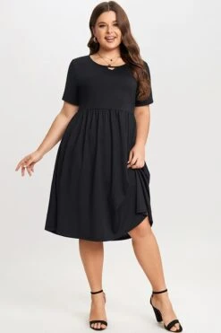 Black Short Sleeve Plus Size Pockets Midi Dress 8 Black Short Sleeve Plus Size Pockets Midi Dress -Sandy Bikinis Shop c sd025001 3