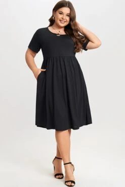 Black Short Sleeve Plus Size Pockets Midi Dress 9 Black Short Sleeve Plus Size Pockets Midi Dress -Sandy Bikinis Shop c sd025001 4