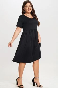 Black Short Sleeve Plus Size Pockets Midi Dress 10 Black Short Sleeve Plus Size Pockets Midi Dress -Sandy Bikinis Shop c sd025001 5