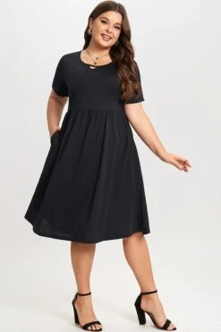 Black Short Sleeve Plus Size Pockets Midi Dress 11 Black Short Sleeve Plus Size Pockets Midi Dress -Sandy Bikinis Shop c sd025001 6