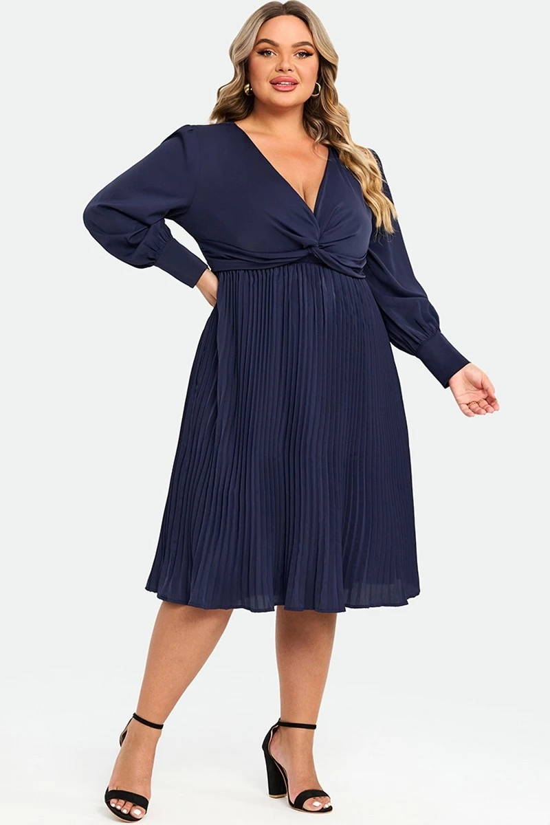 Navy V-neck Knot Front Long Sleeves Pullover Style Dress 1 Navy V-neck Knot Front Long Sleeves Pullover Style Dress
