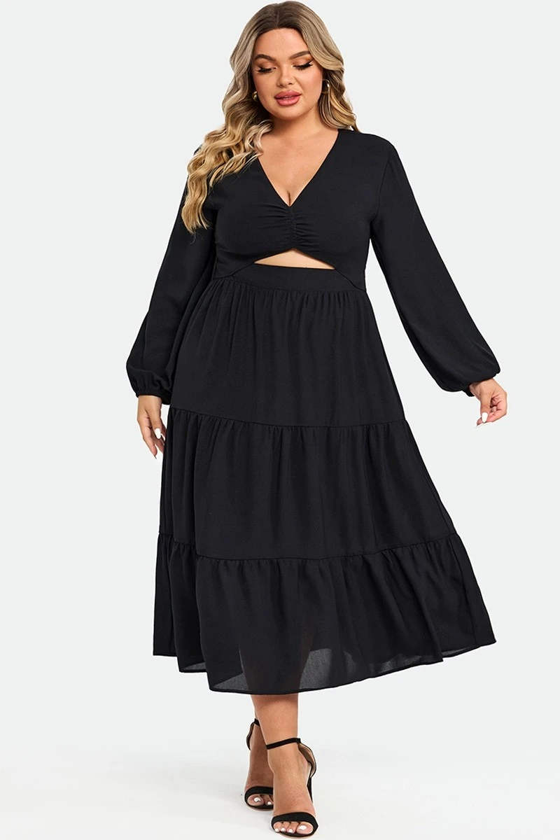 Black Long Sleeves Cutout A-line Midi Dress 3 Black Long Sleeves Cutout A-line Midi Dress - Image 3
