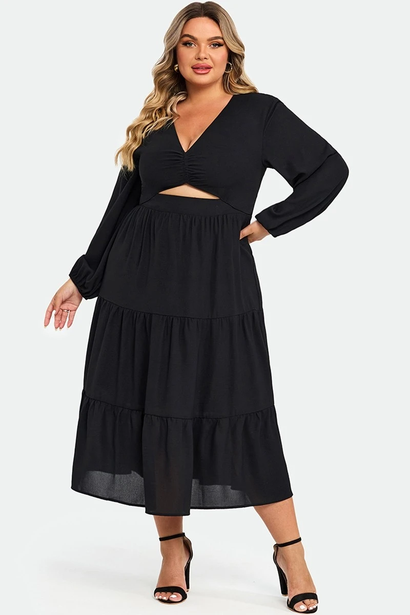 Black Long Sleeves Cutout A-line Midi Dress 1 Black Long Sleeves Cutout A-line Midi Dress