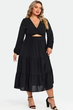 Black Long Sleeves Cutout A-line Midi Dress 9 Black Long Sleeves Cutout A-line Midi Dress -Sandy Bikinis Shop c sd027001 4