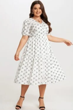 Black&White Short Sleeve Tiered Wrap Midi Dress