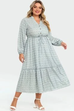 Dot Print Button Tie Waist Ruffled Hem Dress
