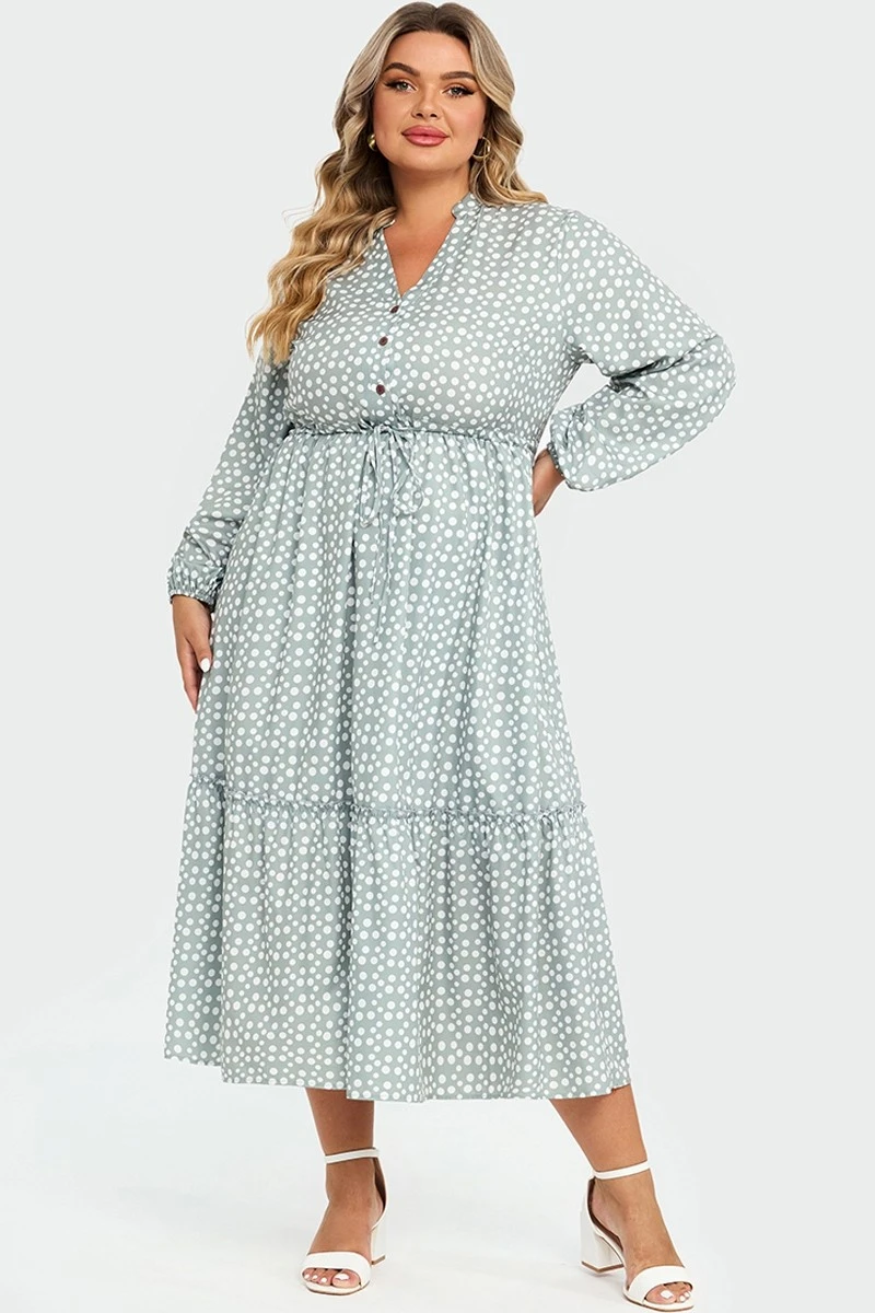 Dot Print Button Tie Waist Ruffled Hem Dress 3 Dot Print Button Tie Waist Ruffled Hem Dress - Image 3