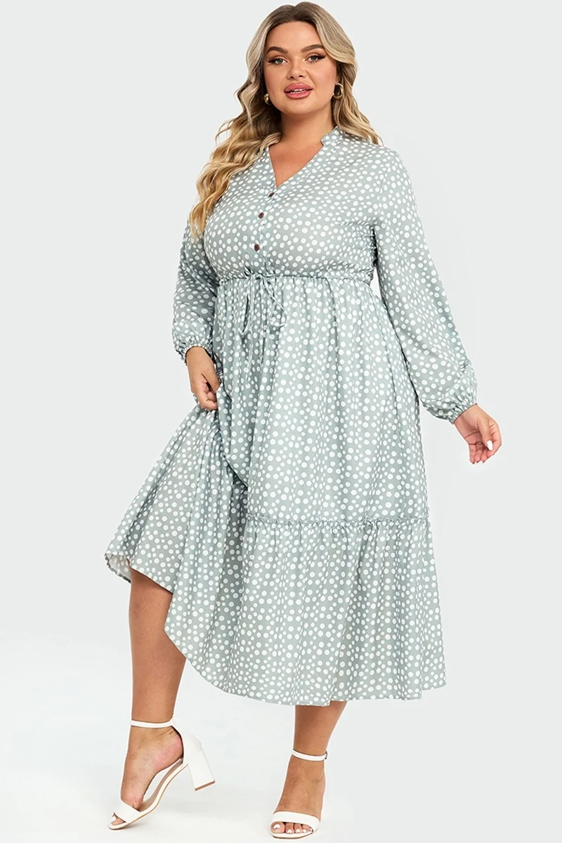 Dot Print Button Tie Waist Ruffled Hem Dress 4 Dot Print Button Tie Waist Ruffled Hem Dress - Image 4